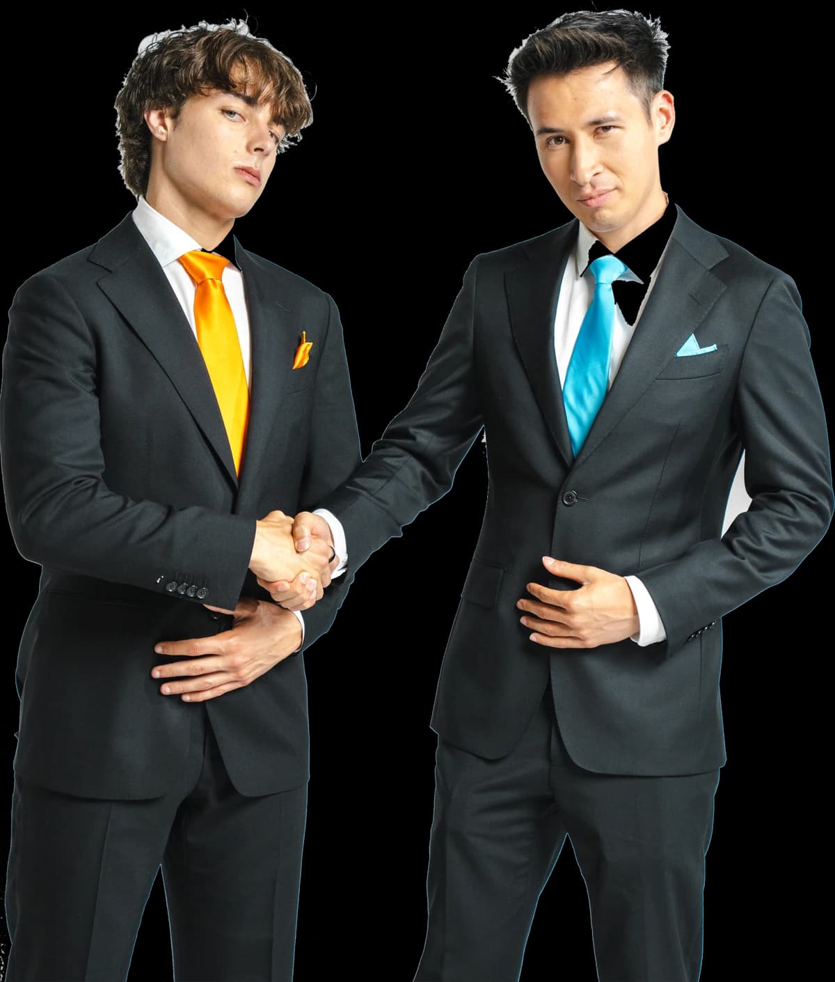 Gianni Sirgy and KingChris shaking hands in black suits with orange and blue ties.